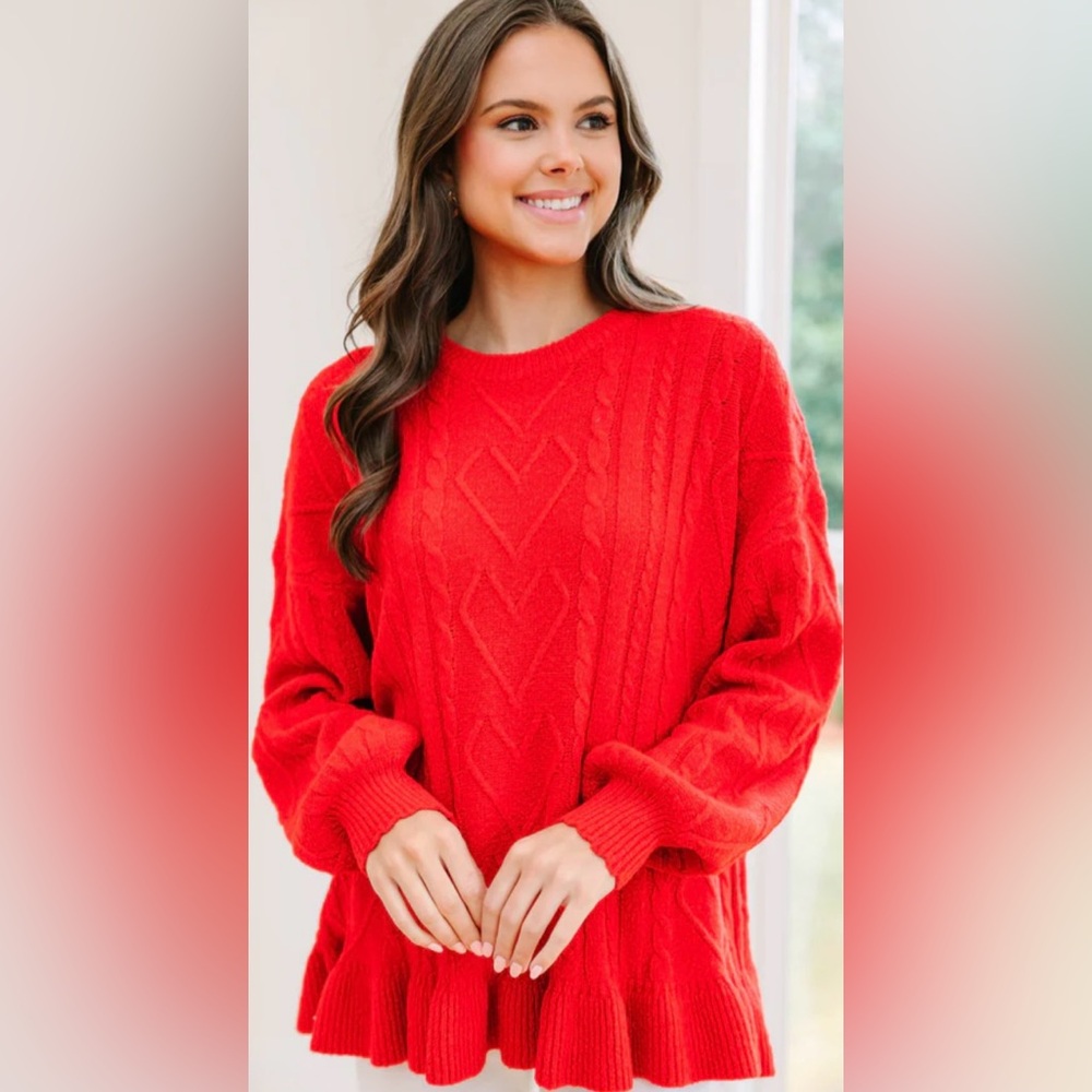 Red Ruffle Cable-Knit Sweater | Crew Neck | S | New | Mint Julep Boutique